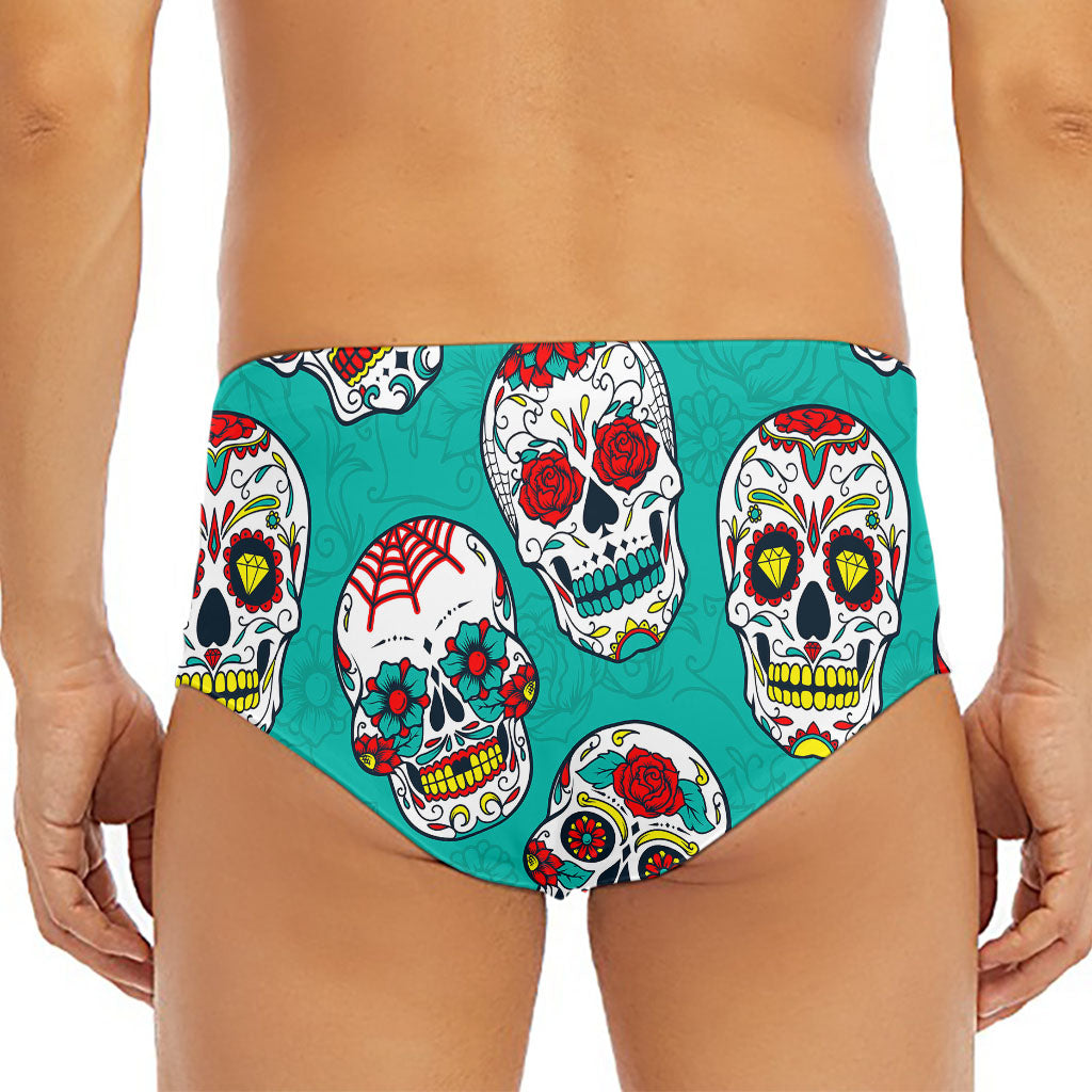 Teal Sugar Skull Pattern Print Men's Triangle Swim Briefs