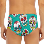 Teal Sugar Skull Pattern Print Men's Triangle Swim Briefs