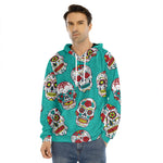 Teal Sugar Skull Pattern Print Men's Velvet Pullover Hoodie