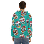 Teal Sugar Skull Pattern Print Men's Velvet Pullover Hoodie