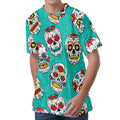 Teal Sugar Skull Pattern Print Men's Velvet T-Shirt