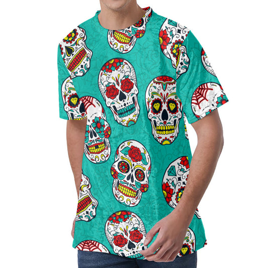 Teal Sugar Skull Pattern Print Men's Velvet T-Shirt