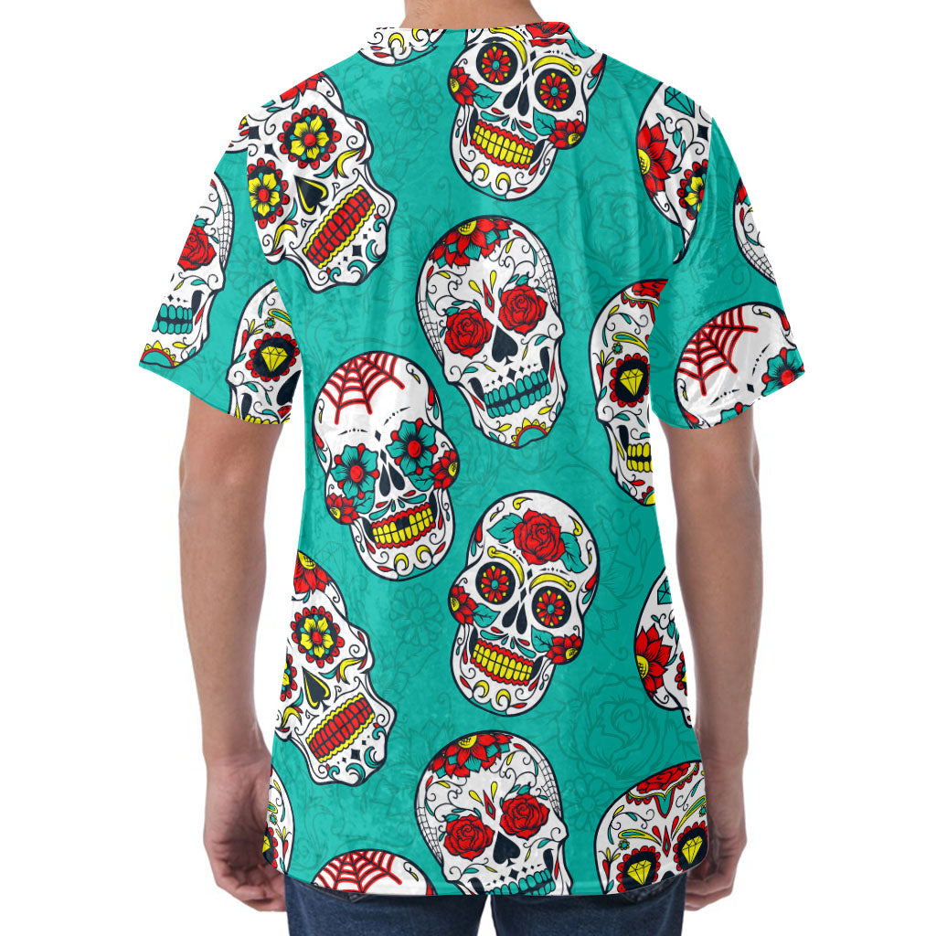 Teal Sugar Skull Pattern Print Men's Velvet T-Shirt
