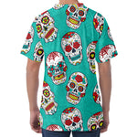 Teal Sugar Skull Pattern Print Men's Velvet T-Shirt
