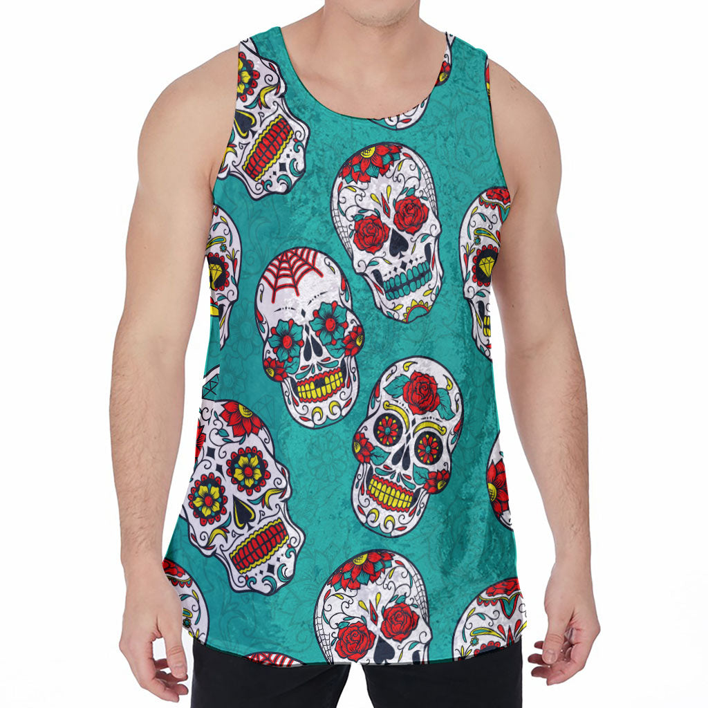 Teal Sugar Skull Pattern Print Men's Velvet Tank Top