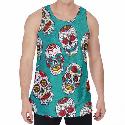 Teal Sugar Skull Pattern Print Men's Velvet Tank Top
