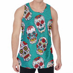 Teal Sugar Skull Pattern Print Men's Velvet Tank Top