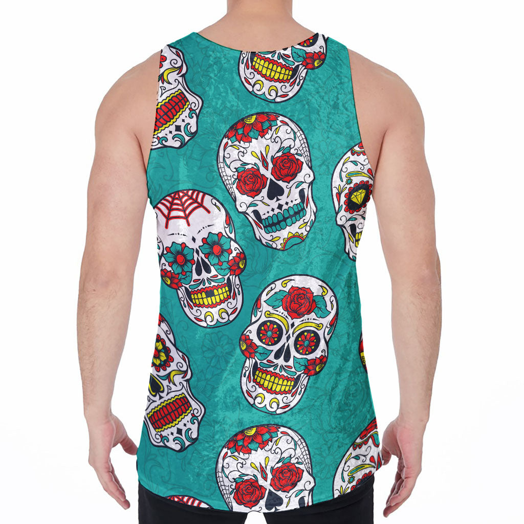 Teal Sugar Skull Pattern Print Men's Velvet Tank Top