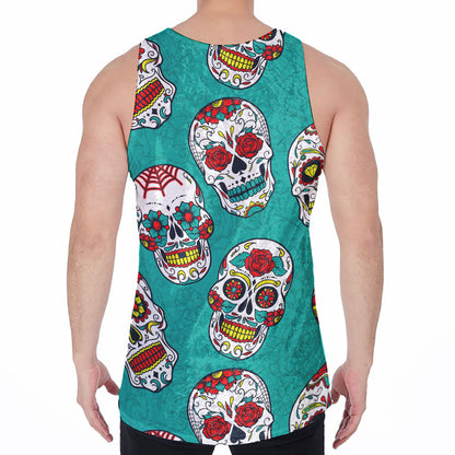 Teal Sugar Skull Pattern Print Men's Velvet Tank Top