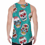Teal Sugar Skull Pattern Print Men's Velvet Tank Top