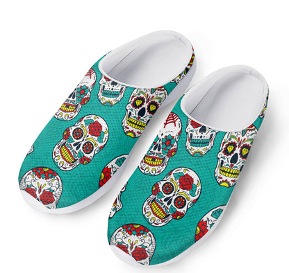 Teal Sugar Skull Pattern Print Mesh Casual Shoes