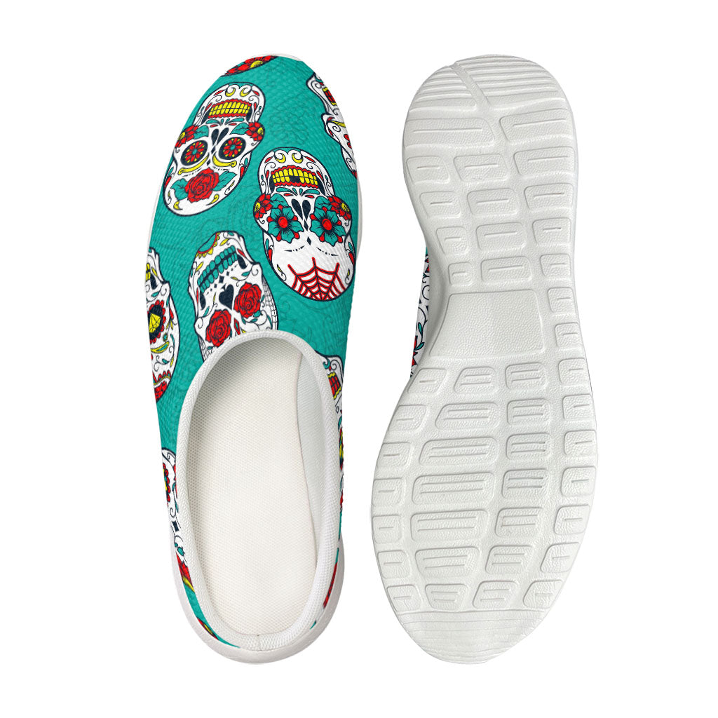 Teal Sugar Skull Pattern Print Mesh Casual Shoes