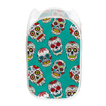 Teal Sugar Skull Pattern Print Mesh Laundry Hamper