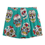 Teal Sugar Skull Pattern Print Mesh Shorts
