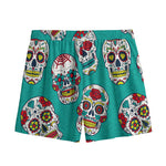 Teal Sugar Skull Pattern Print Mesh Shorts