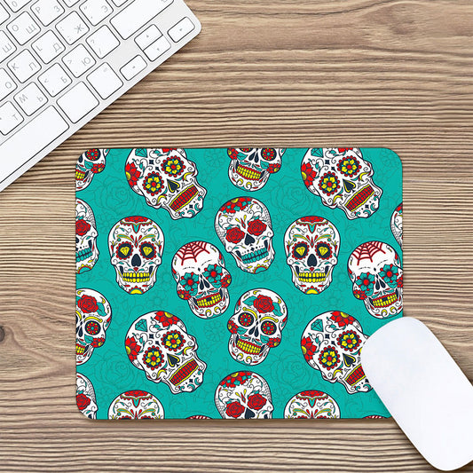 Teal Sugar Skull Pattern Print Mouse Pad