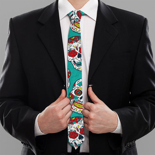 Teal Sugar Skull Pattern Print Necktie