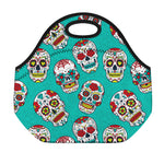 Teal Sugar Skull Pattern Print Neoprene Lunch Bag