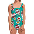 Teal Sugar Skull Pattern Print One Piece Swimsuit