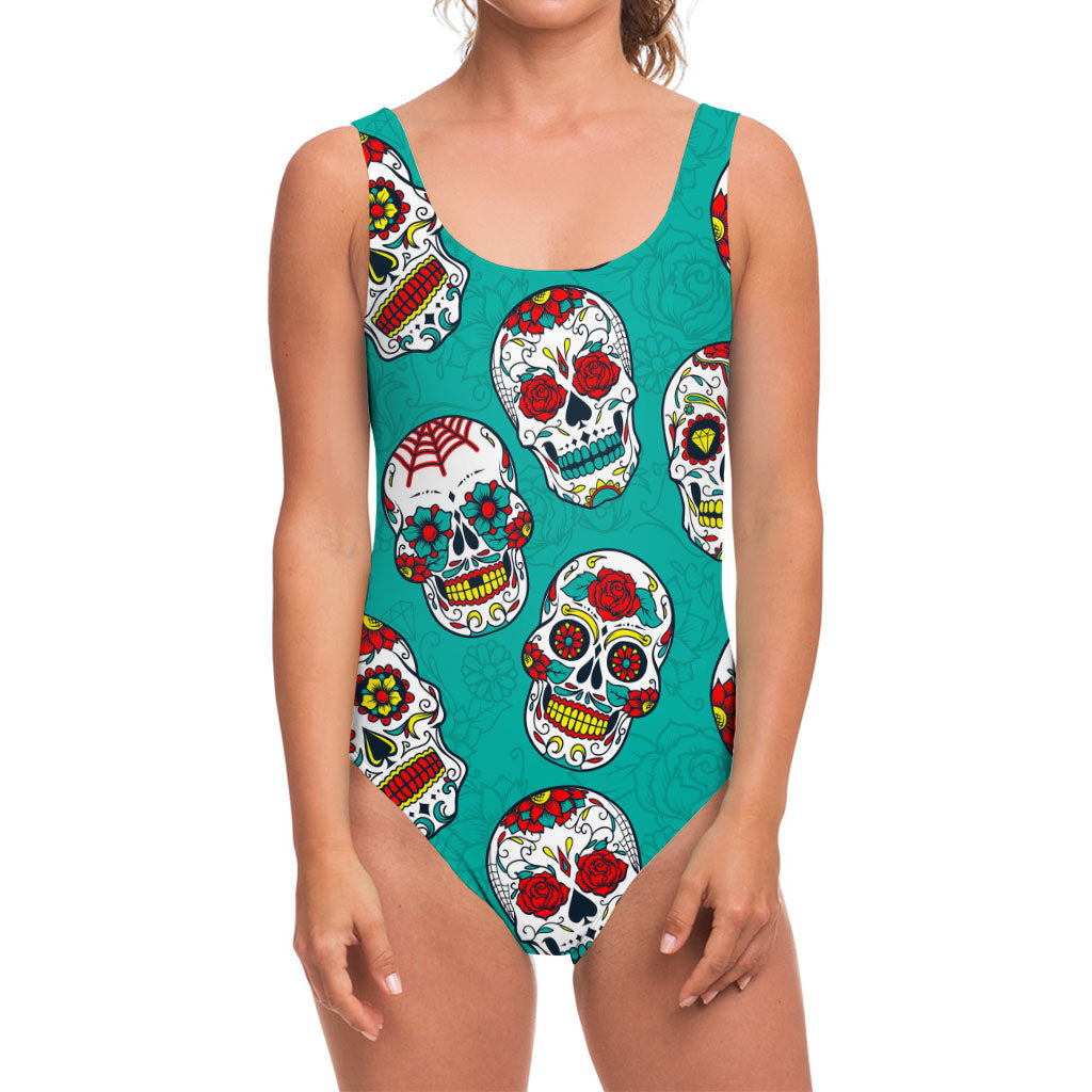 Teal Sugar Skull Pattern Print One Piece Swimsuit
