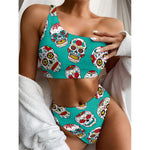 Teal Sugar Skull Pattern Print One Shoulder Bikini Top
