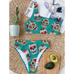 Teal Sugar Skull Pattern Print One Shoulder Bikini Top