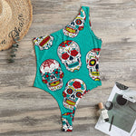 Teal Sugar Skull Pattern Print One Shoulder Bodysuit