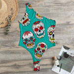 Teal Sugar Skull Pattern Print One Shoulder Bodysuit