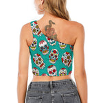 Teal Sugar Skull Pattern Print One Shoulder Crop Top