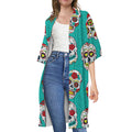Teal Sugar Skull Pattern Print Open Front Beach Cover Up