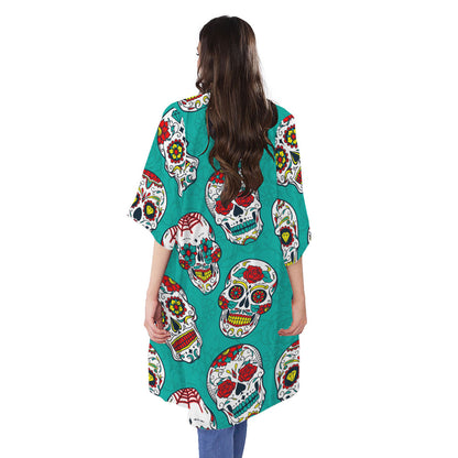 Teal Sugar Skull Pattern Print Open Front Beach Cover Up