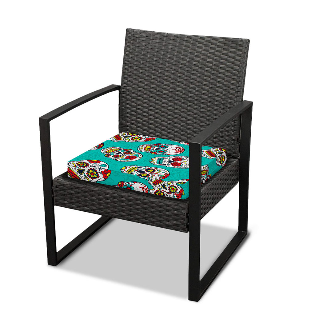 Teal Sugar Skull Pattern Print Outdoor Seat Cushion Cover