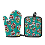 Teal Sugar Skull Pattern Print Oven Mitt And Pot Holder Set