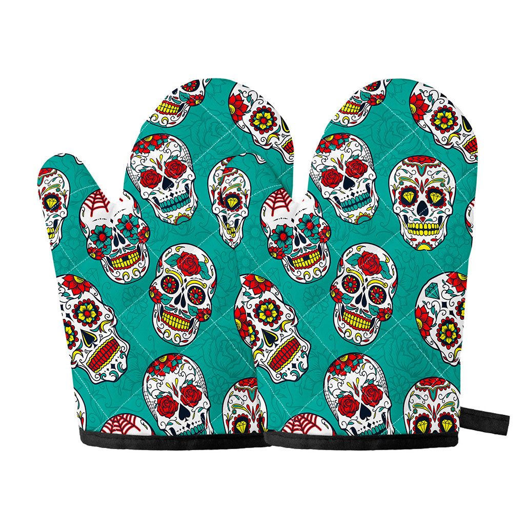 Teal Sugar Skull Pattern Print Oven Mitts