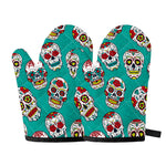 Teal Sugar Skull Pattern Print Oven Mitts