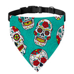 Teal Sugar Skull Pattern Print Over The Collar Dog Bandana