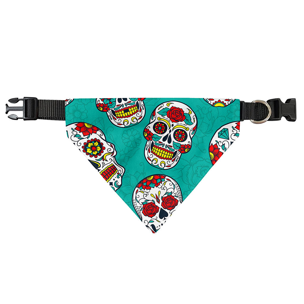 Teal Sugar Skull Pattern Print Over The Collar Dog Bandana