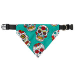 Teal Sugar Skull Pattern Print Over The Collar Dog Bandana