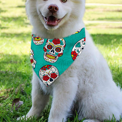 Teal Sugar Skull Pattern Print Over The Collar Dog Bandana