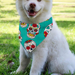 Teal Sugar Skull Pattern Print Over The Collar Dog Bandana