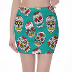 Teal Sugar Skull Pattern Print Pencil Mini Skirt