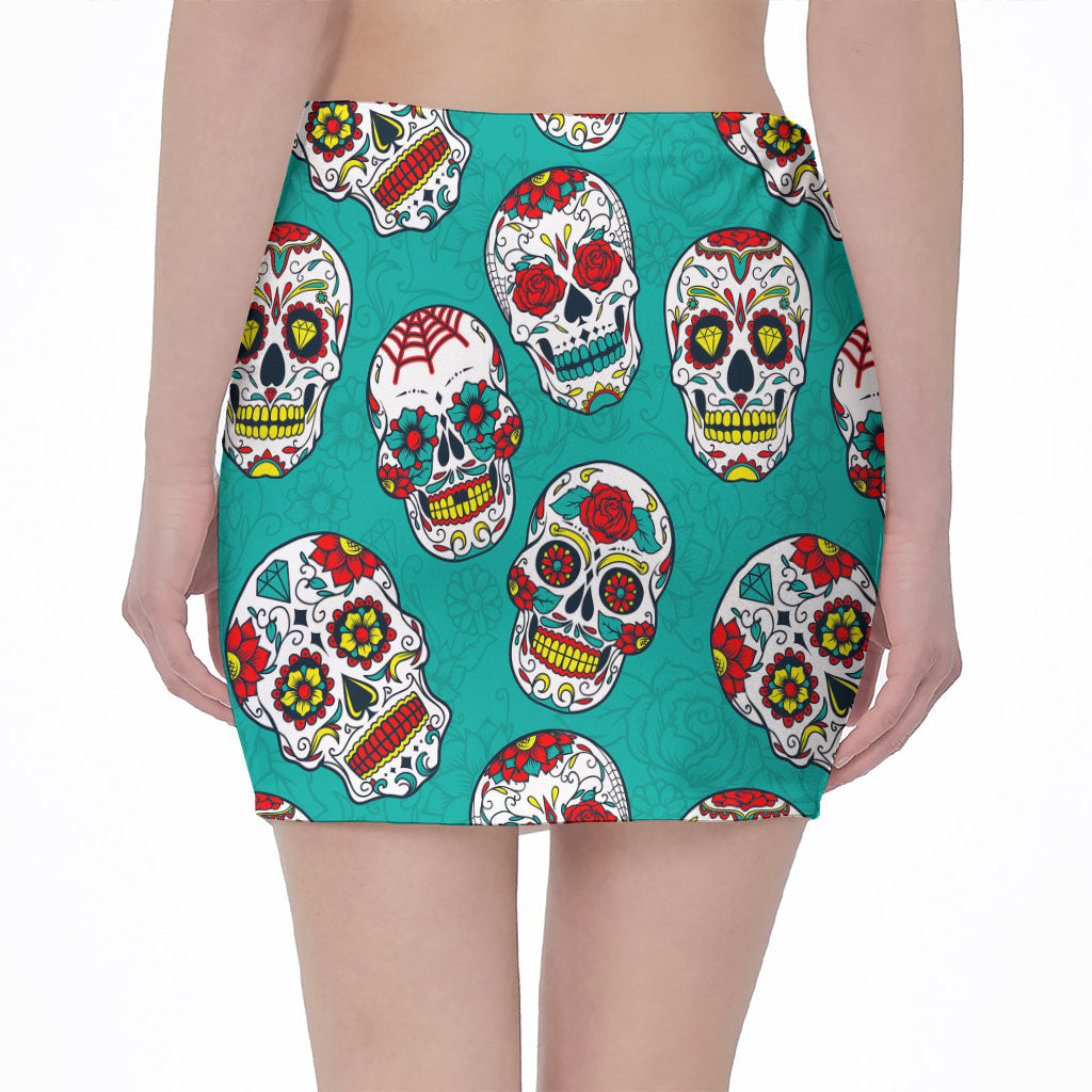 Teal Sugar Skull Pattern Print Pencil Mini Skirt