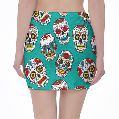 Teal Sugar Skull Pattern Print Pencil Mini Skirt