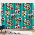 Teal Sugar Skull Pattern Print Pencil Pleat Curtains