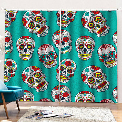 Teal Sugar Skull Pattern Print Pencil Pleat Curtains