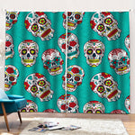 Teal Sugar Skull Pattern Print Pencil Pleat Curtains