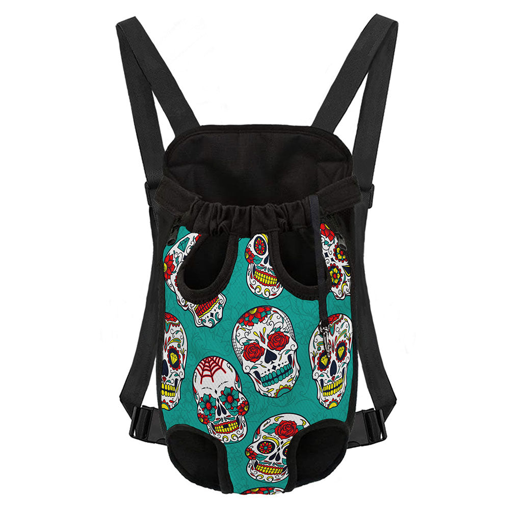 Teal Sugar Skull Pattern Print Pet Carrier Backpack
