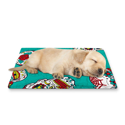 Teal Sugar Skull Pattern Print Pet Cooling Mat Cover