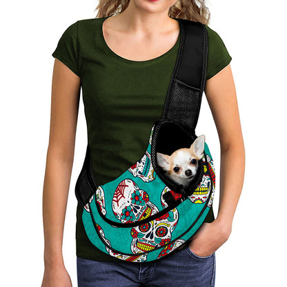 Teal Sugar Skull Pattern Print Pet Sling Carrier