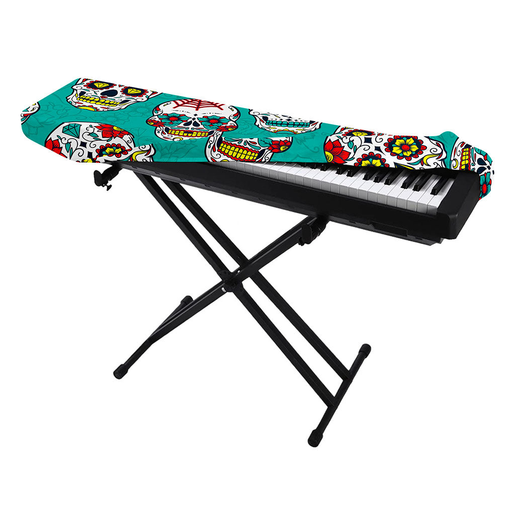 Teal Sugar Skull Pattern Print Piano Keyboard Cover
